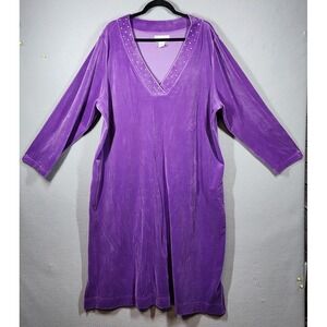 Velour Mumu Womens 1X Natural‎ Impressions Purple Long Sleeve V-Neck Pockets